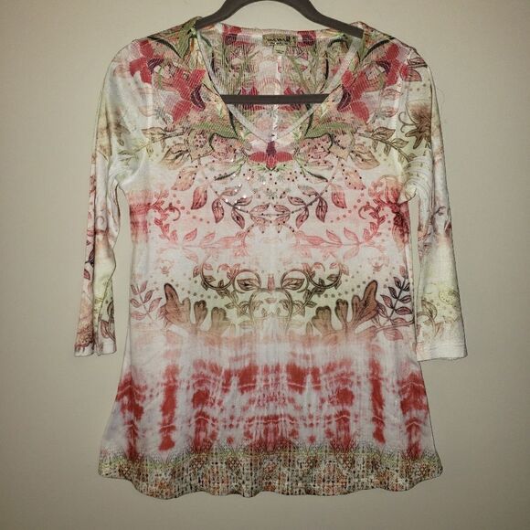 ONE WORLD PINK TAN AND WHITE 3/4 SLEEVE EMBELLISHED TOP SIZE SMALL NWOT - Picture 1 of 5